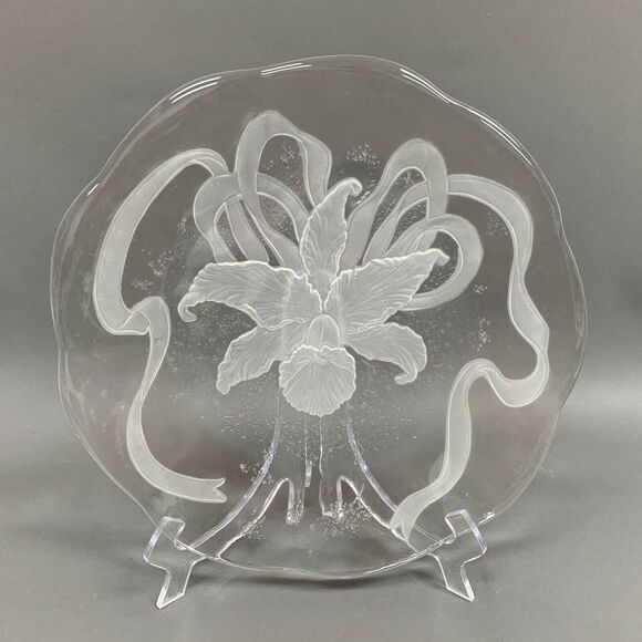 Cake Glass Serving Chop Plate Platter Tray Flower Ribbon Large Thick 12 3/4" - Picture 1 of 6
